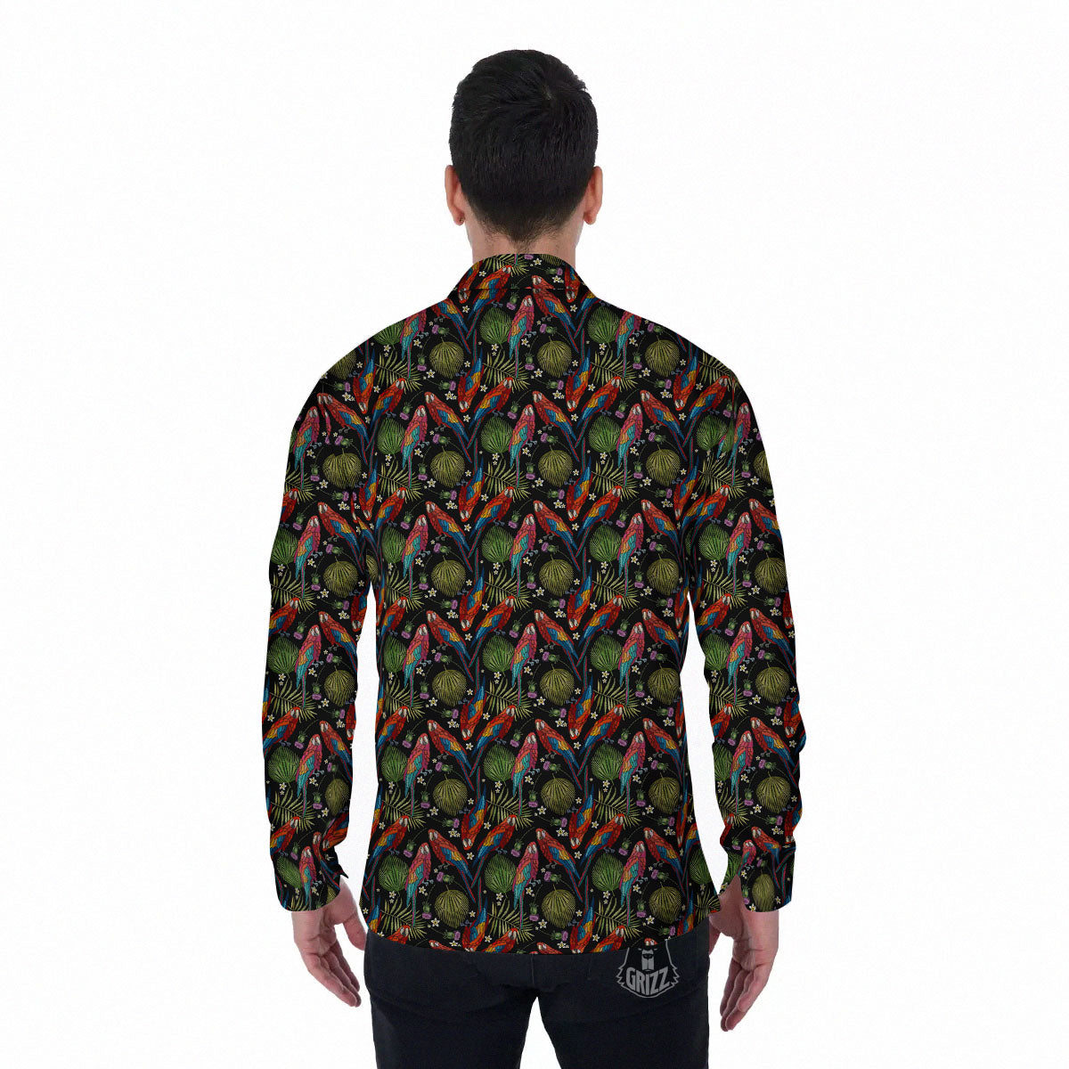 Parrot Embroidery Print Pattern Men's Long Sleeve Shirts-grizzshop