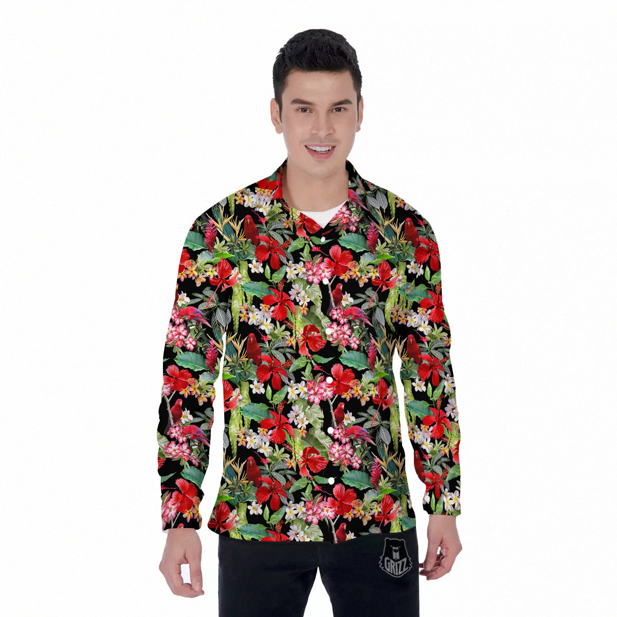 Parrot Hawaiian Tropical Print Pattern Men's Long Sleeve Shirts-grizzshop