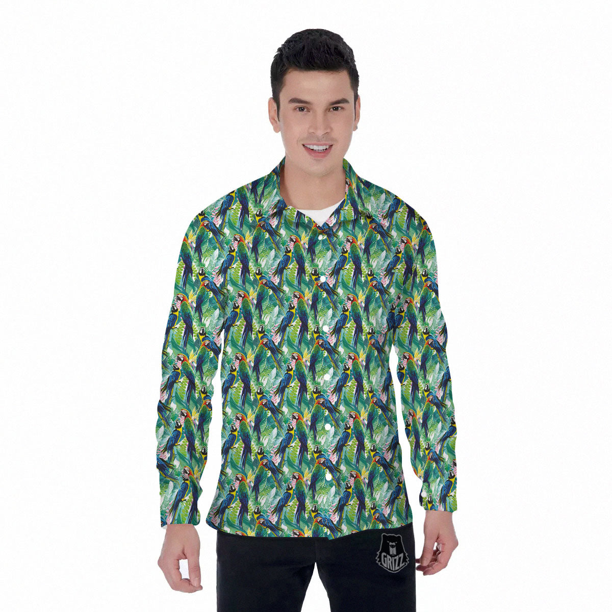 Parrot Macaw Print Pattern Men's Long Sleeve Shirts-grizzshop