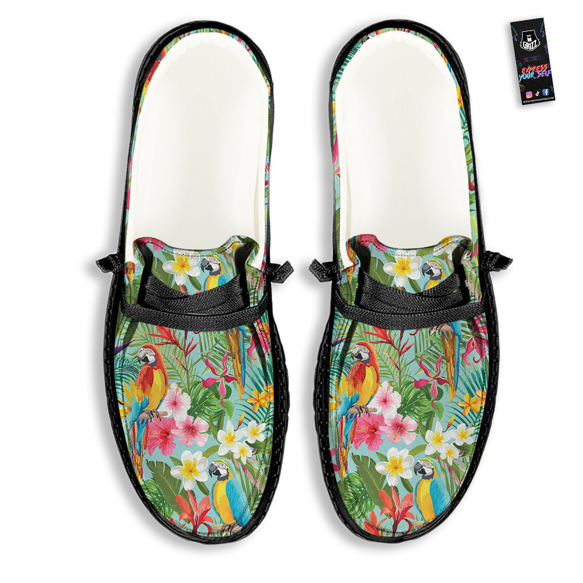 Parrot Tropical Print Pattern Black Loafers-grizzshop
