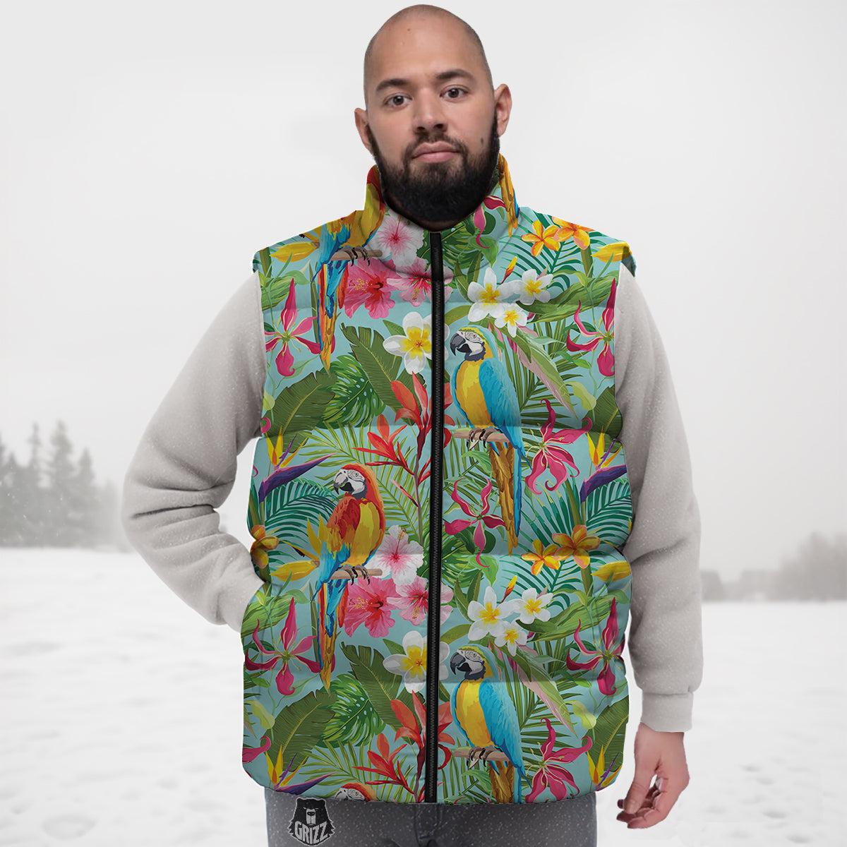Parrot Tropical Print Pattern Down Vest-grizzshop