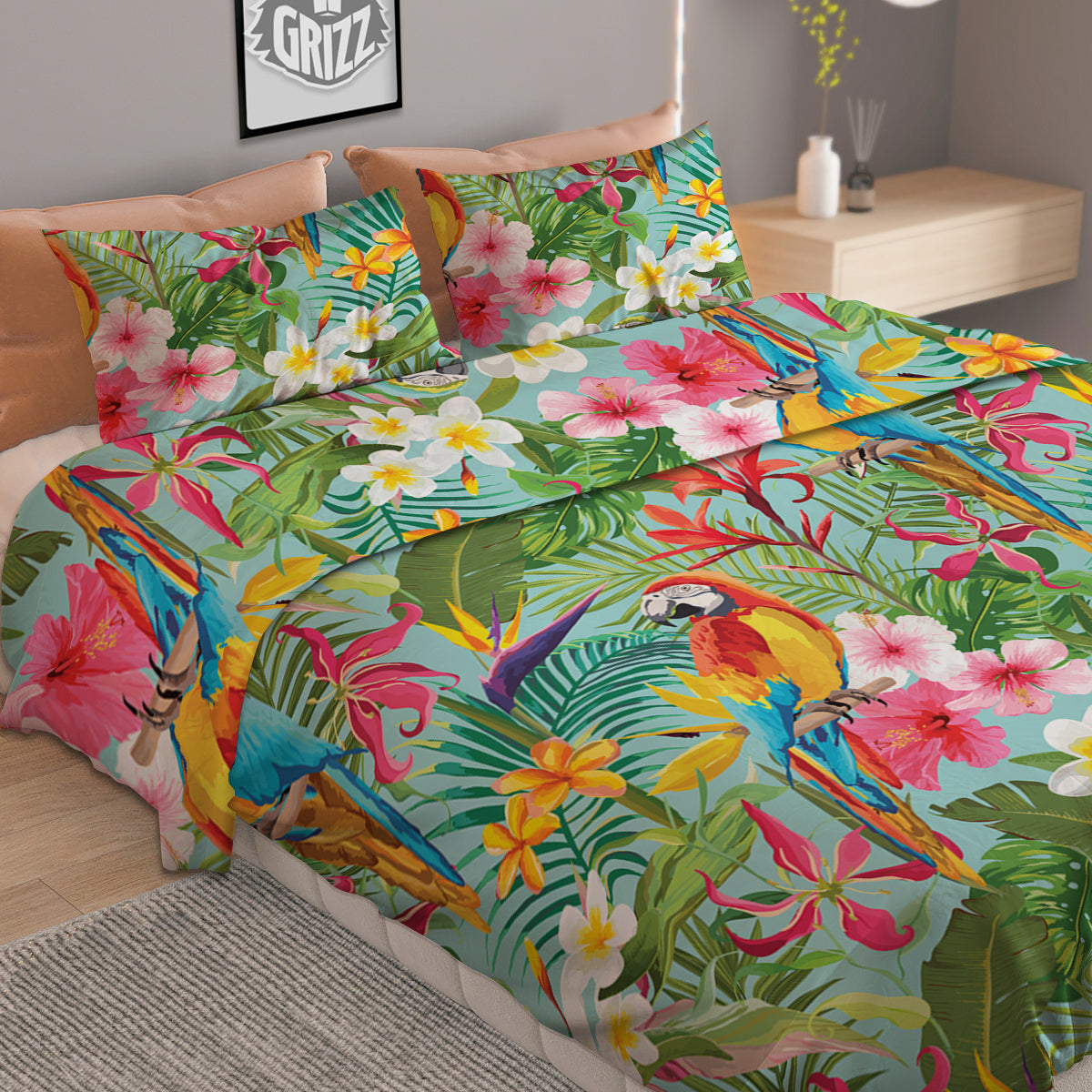 Parrot Tropical Print Pattern Duvet Cover Bedding Set