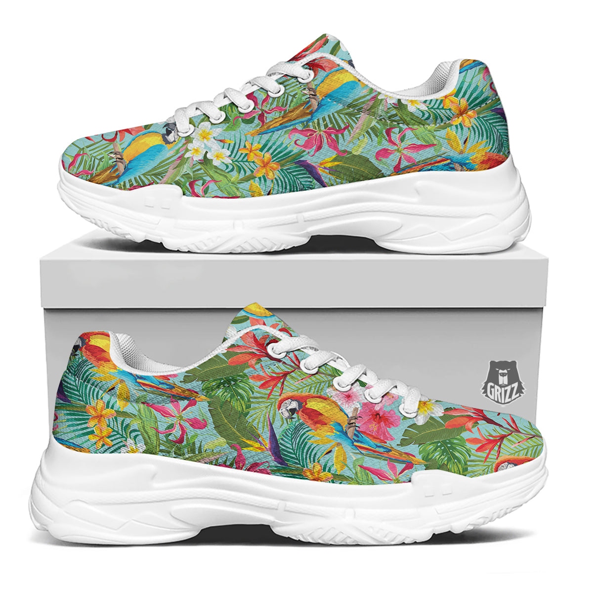 Parrot Tropical Print Pattern White Chunky Shoes-grizzshop