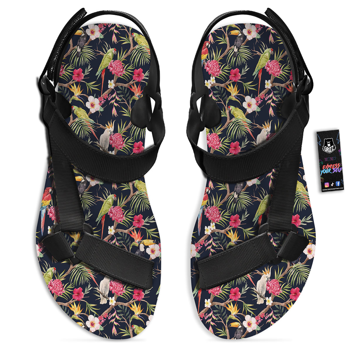 Parrot Watercolor Print Pattern Black Open Toe Sandals-grizzshop