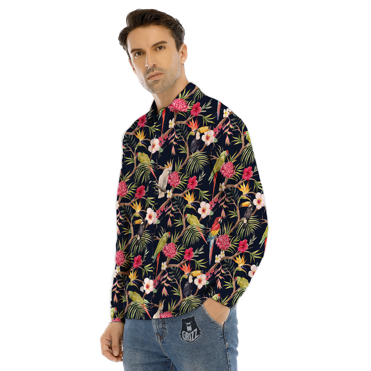 Parrot Watercolor Print Pattern Men's Dress Shirts-grizzshop