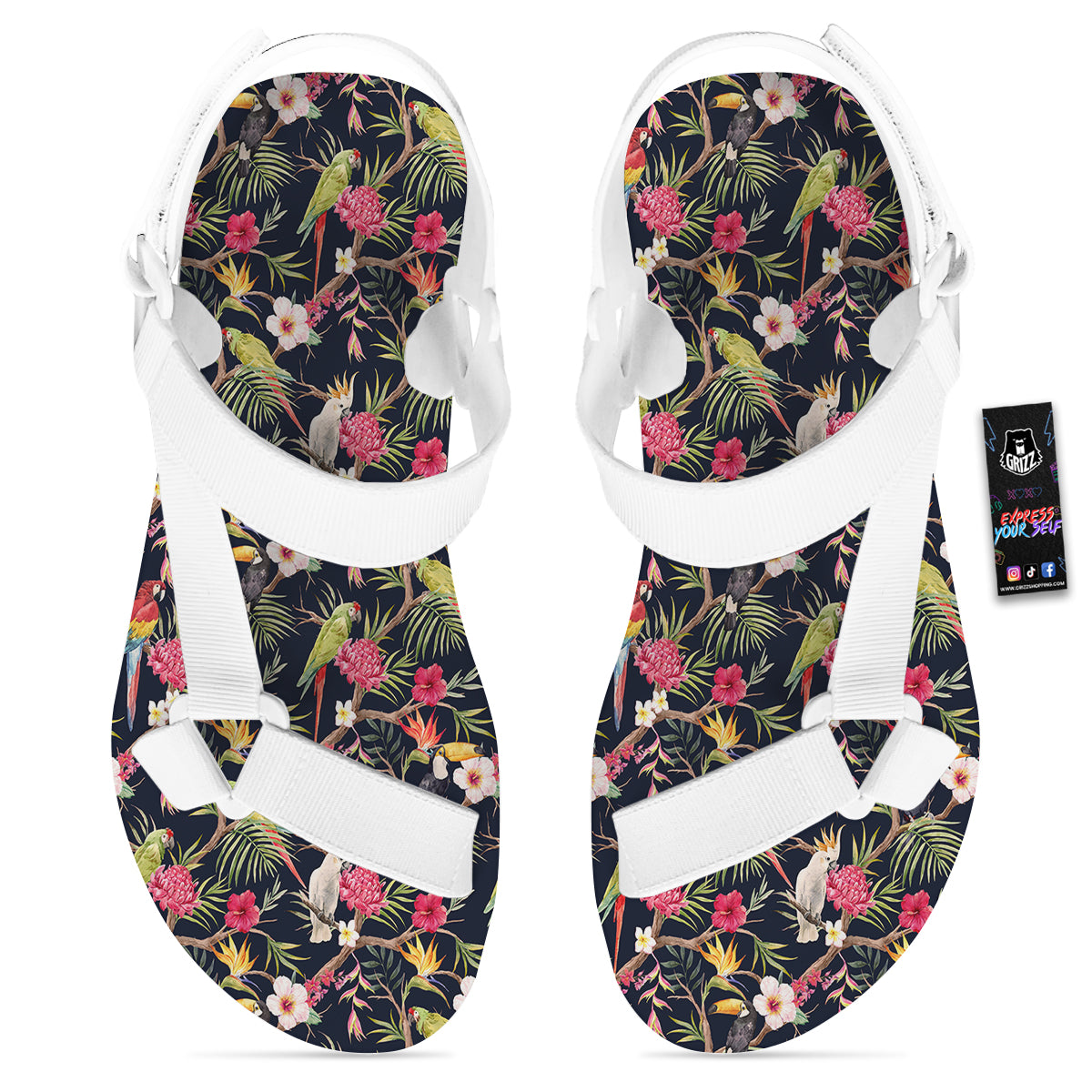 Parrot Watercolor Print Pattern White Open Toe Sandals-grizzshop