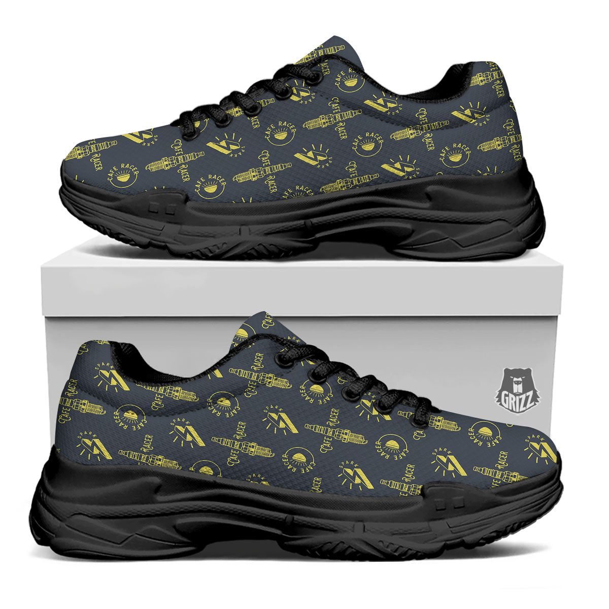 Parts Motorcycle Print Pattern Black Chunky Shoes-grizzshop