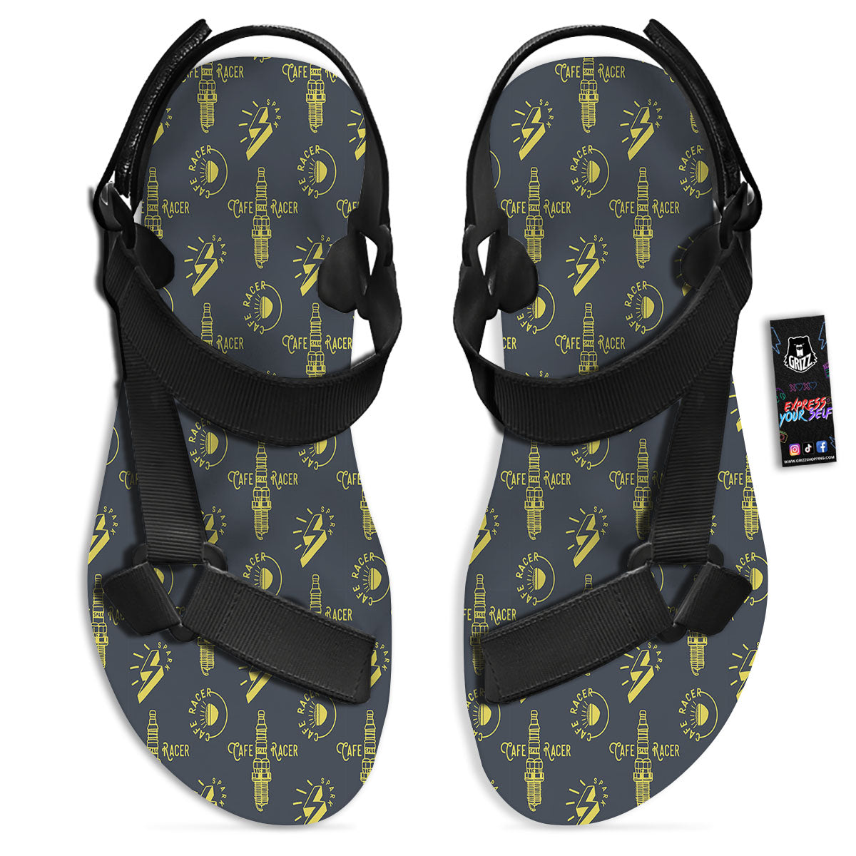 Parts Motorcycle Print Pattern Black Open Toe Sandals-grizzshop