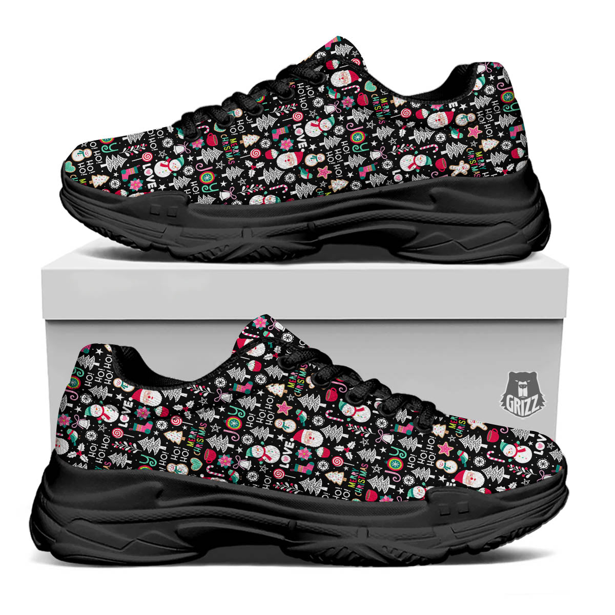 Party Elements Christmas Print Pattern Black Chunky Shoes-grizzshop