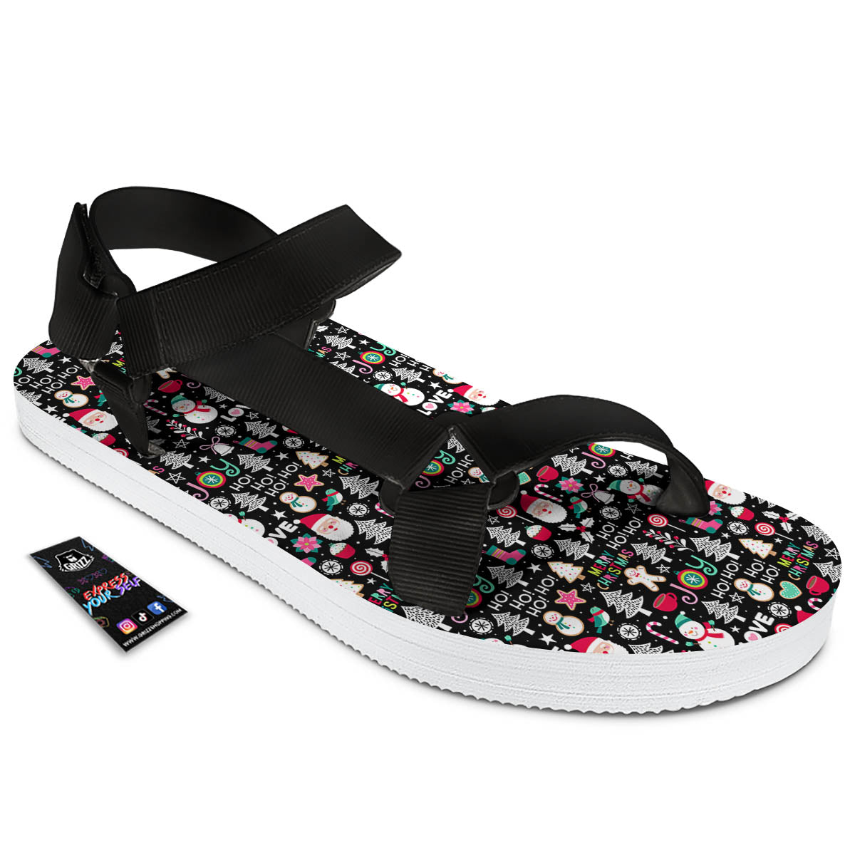 Party Elements Christmas Print Pattern Black Open Toe Sandals-grizzshop