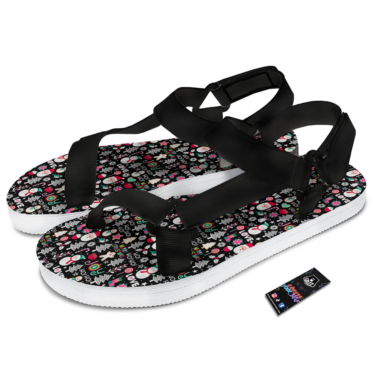 Party Elements Christmas Print Pattern Black Open Toe Sandals-grizzshop