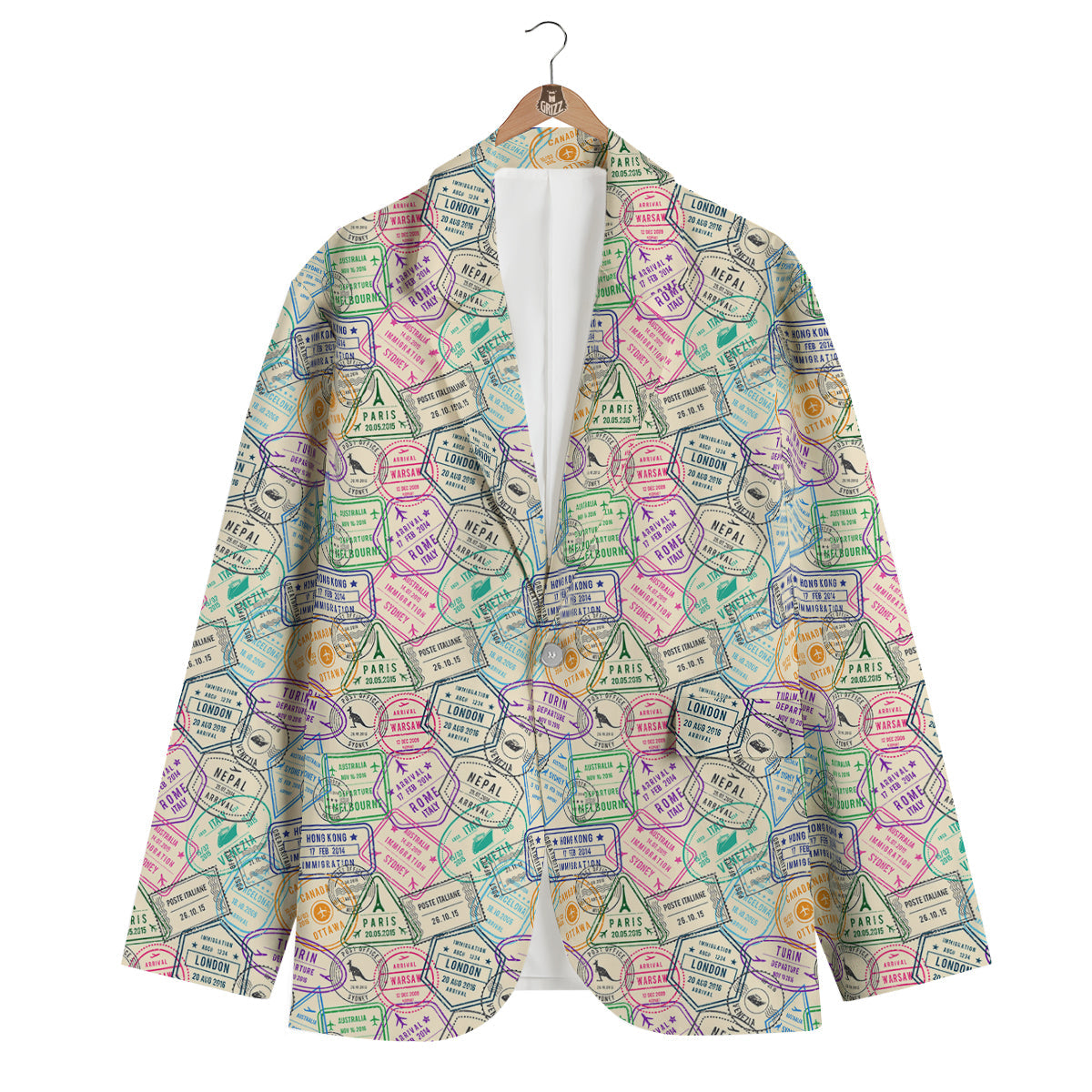 Passport Stamp Vintage Travel Print Pattern Men's Blazer-grizzshop