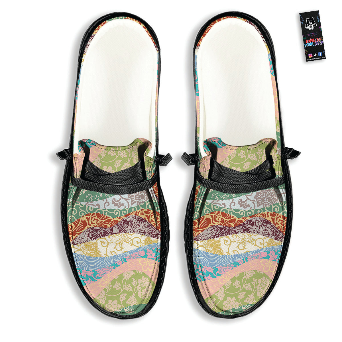 Pastel Japanese Fabric Traditional Print Pattern Black Loafers-grizzshop