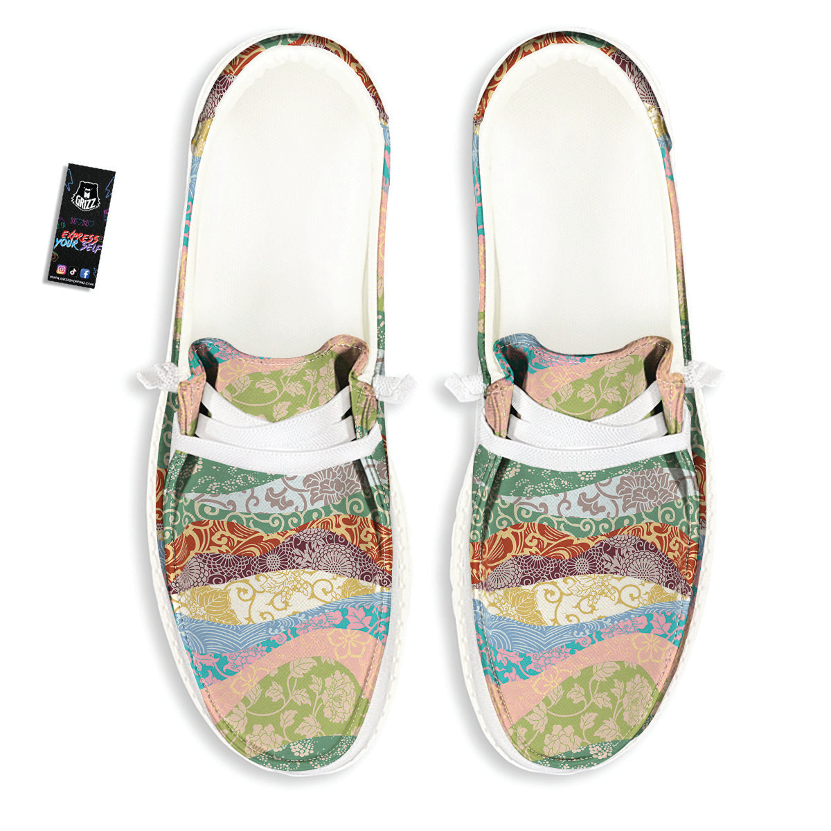 Pastel Japanese Fabric Traditional Print Pattern White Loafers-grizzshop