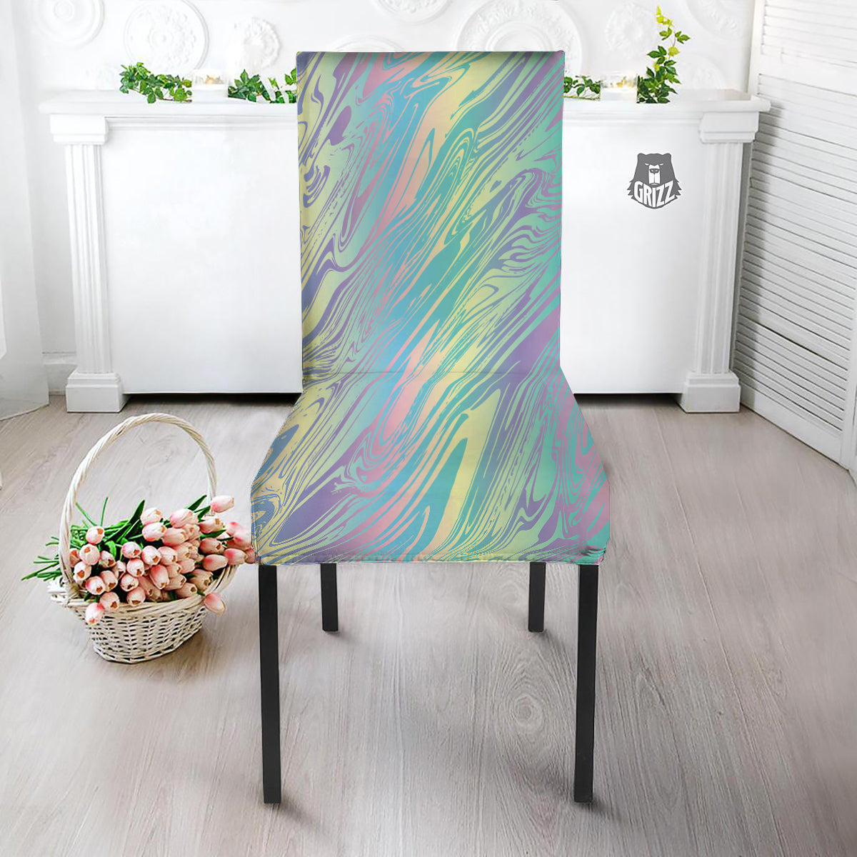 Pastel Liquid Marble Holographic Print Dining Chair Slipcover-grizzshop