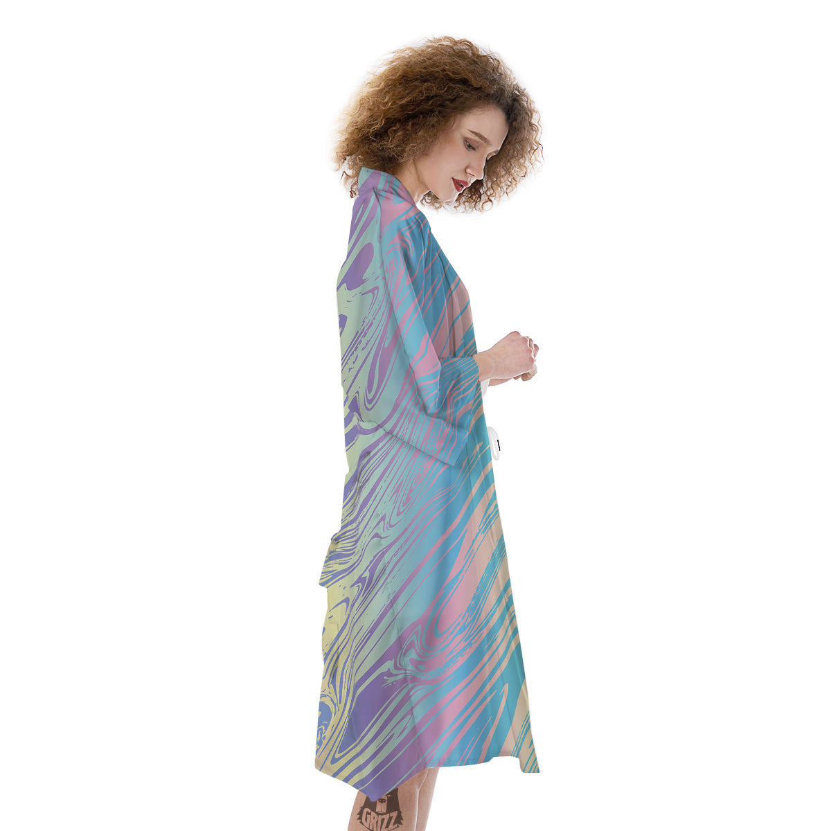 Pastel Liquid Marble Holographic Print Kimono-grizzshop