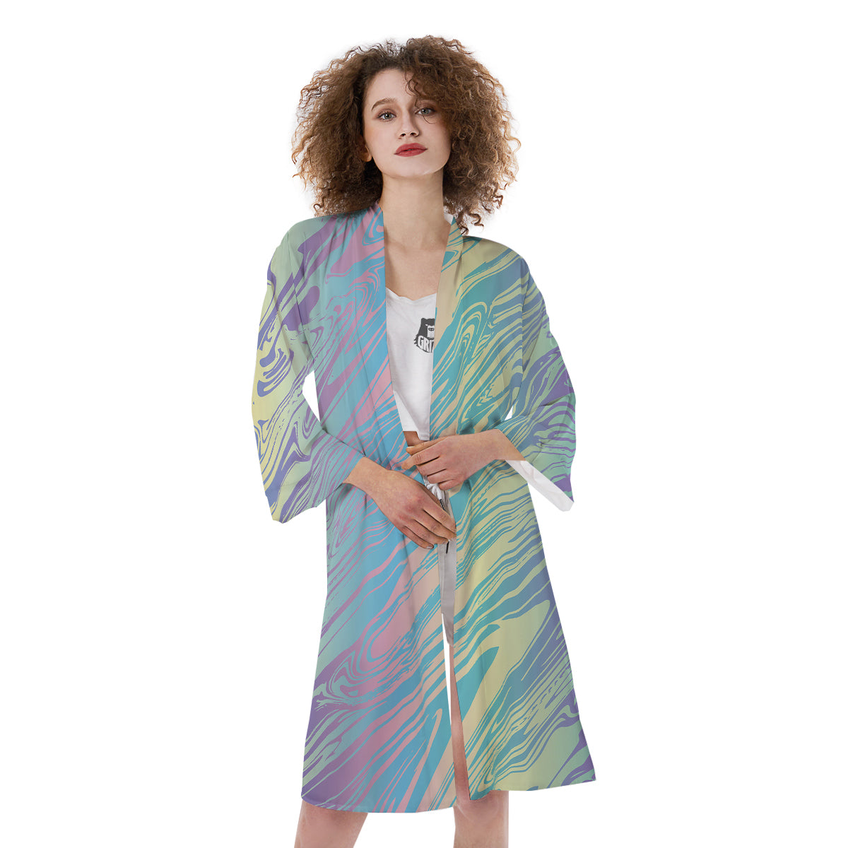 Pastel Liquid Marble Holographic Print Kimono-grizzshop