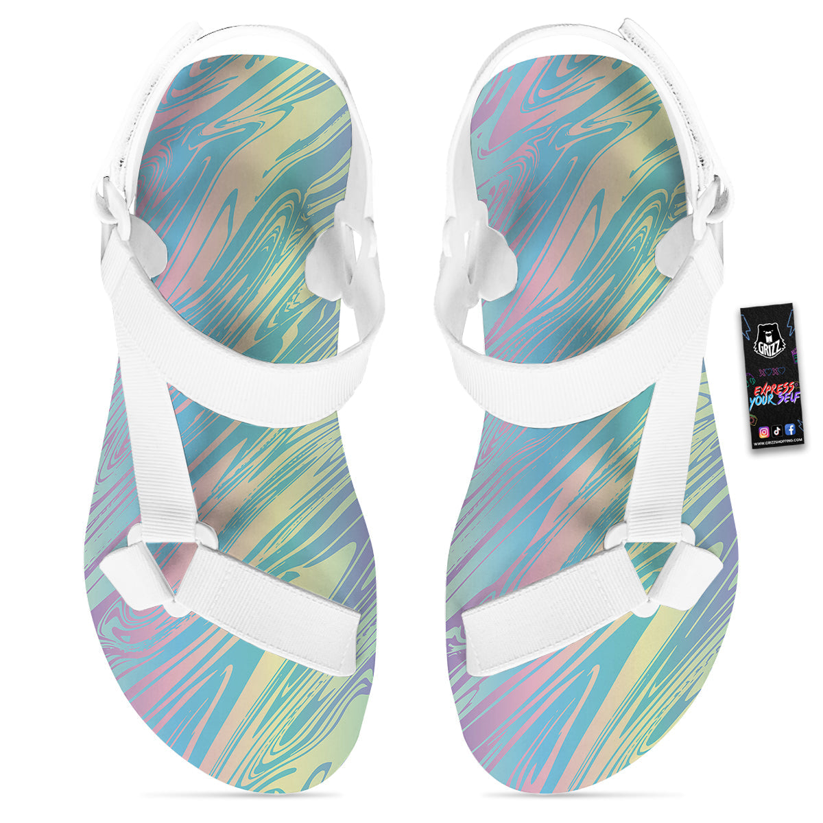 Pastel Liquid Marble Holographic Print White Open Toe Sandals-grizzshop