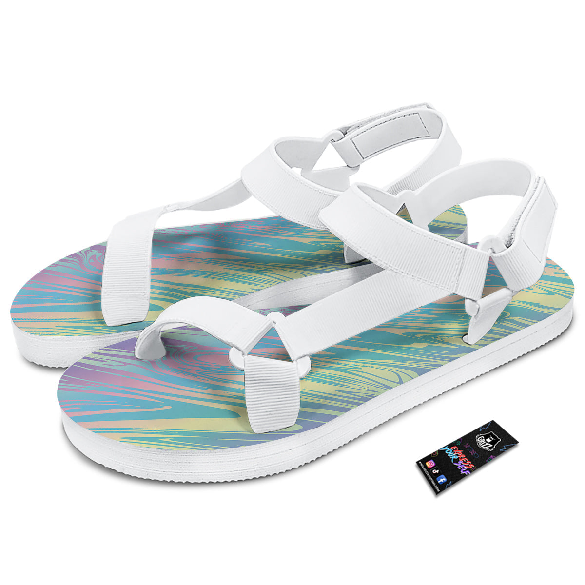 Pastel Liquid Marble Holographic Print White Open Toe Sandals-grizzshop