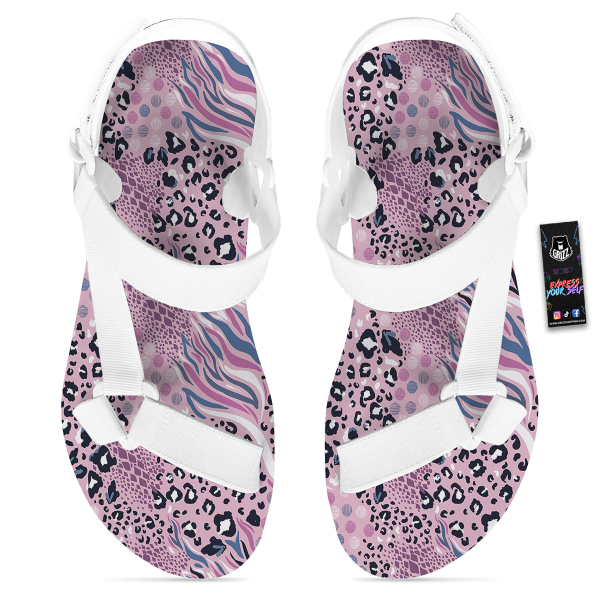 Pastel Mix Animal Skin Print White Open Toe Sandals-grizzshop