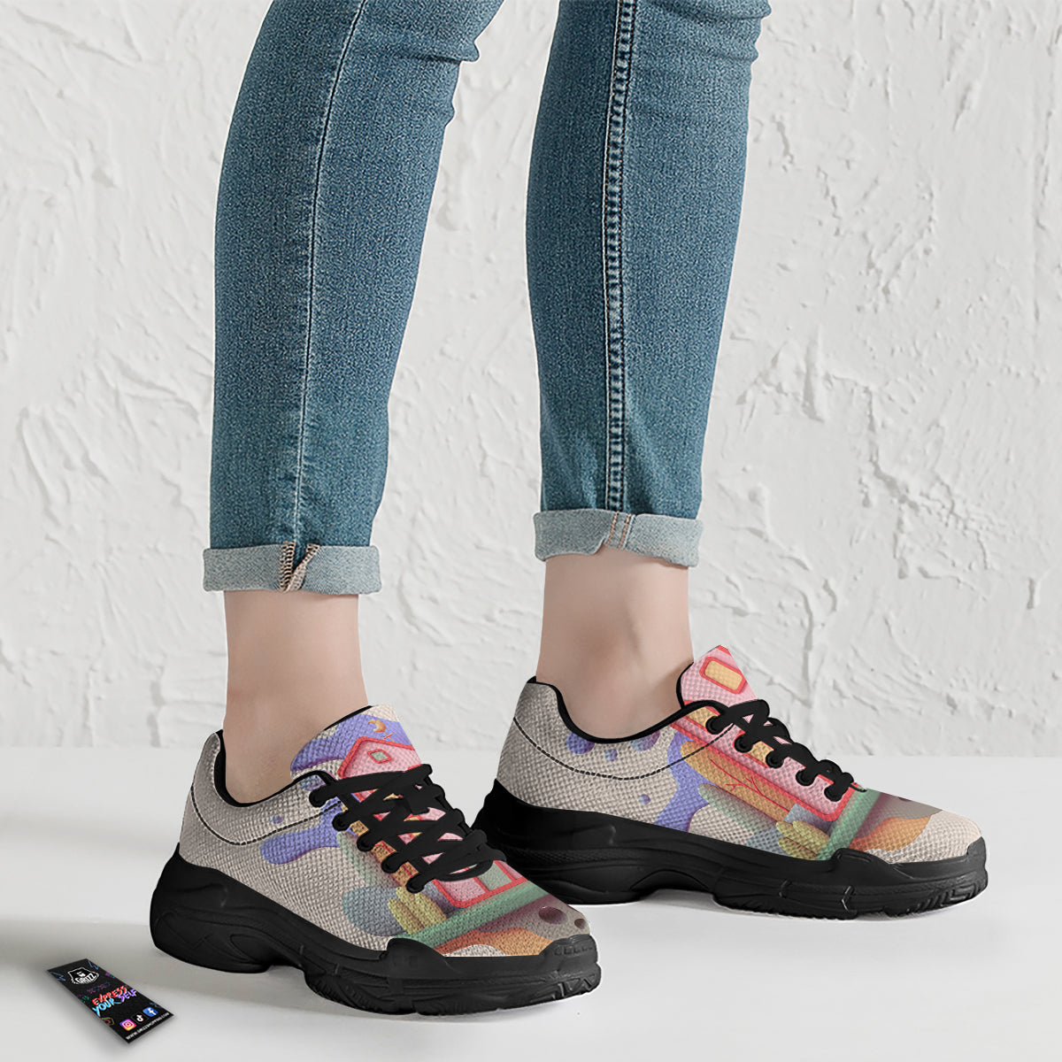 Pastel Modern House Print Black Chunky Shoes-grizzshop