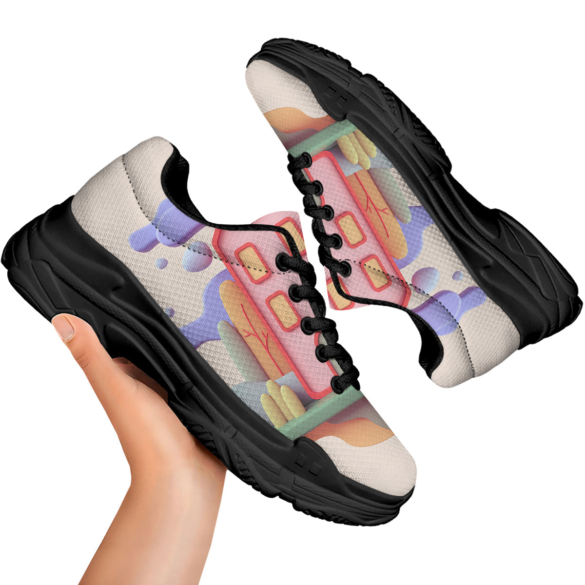 Pastel Modern House Print Black Chunky Shoes-grizzshop