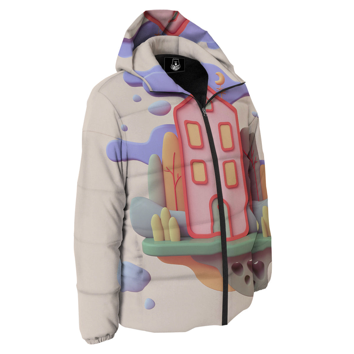 Pastel Modern House Print Down Jacket-grizzshop