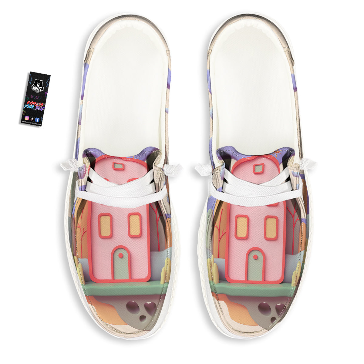 Pastel Modern House Print White Loafers-grizzshop