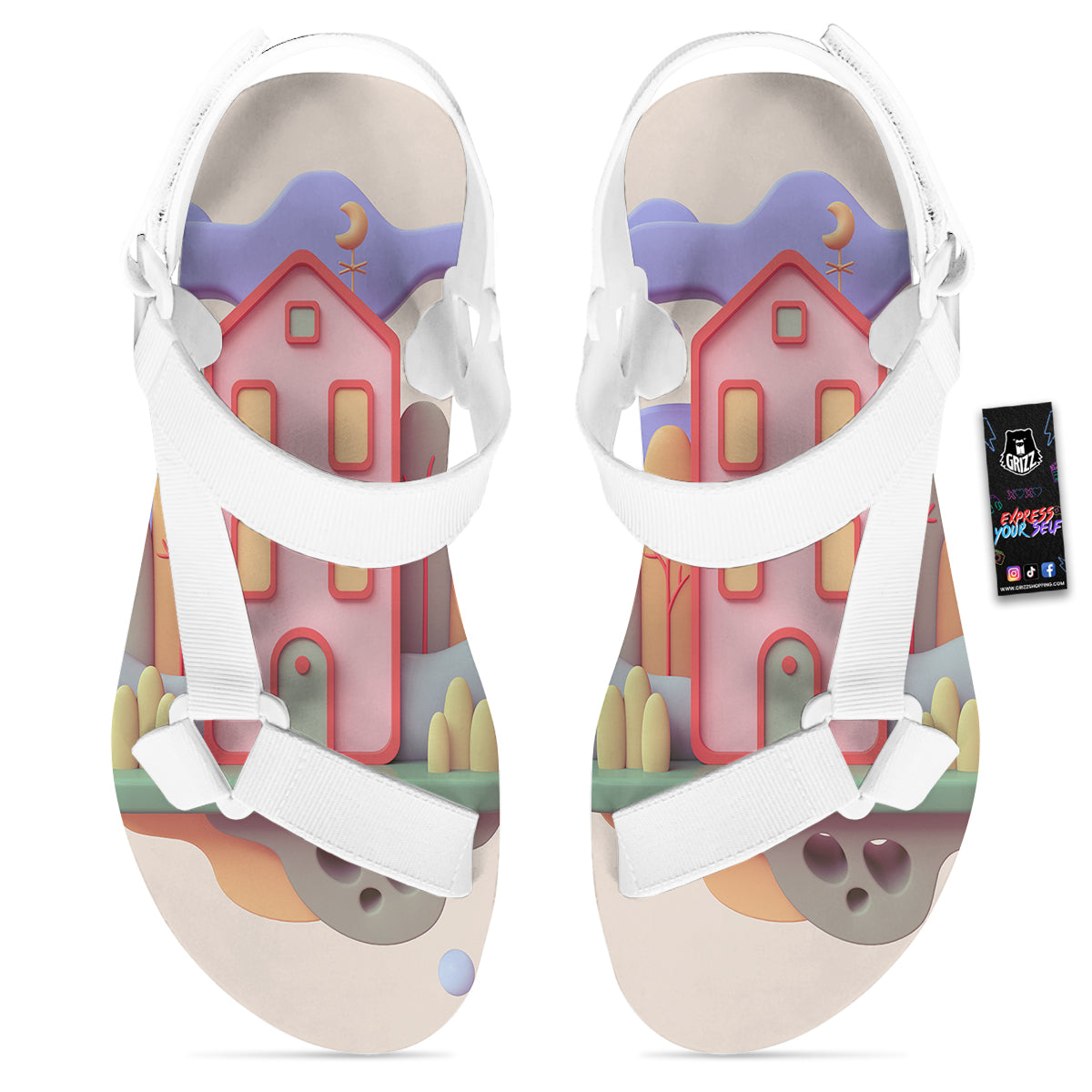 Pastel Modern House Print White Open Toe Sandals-grizzshop