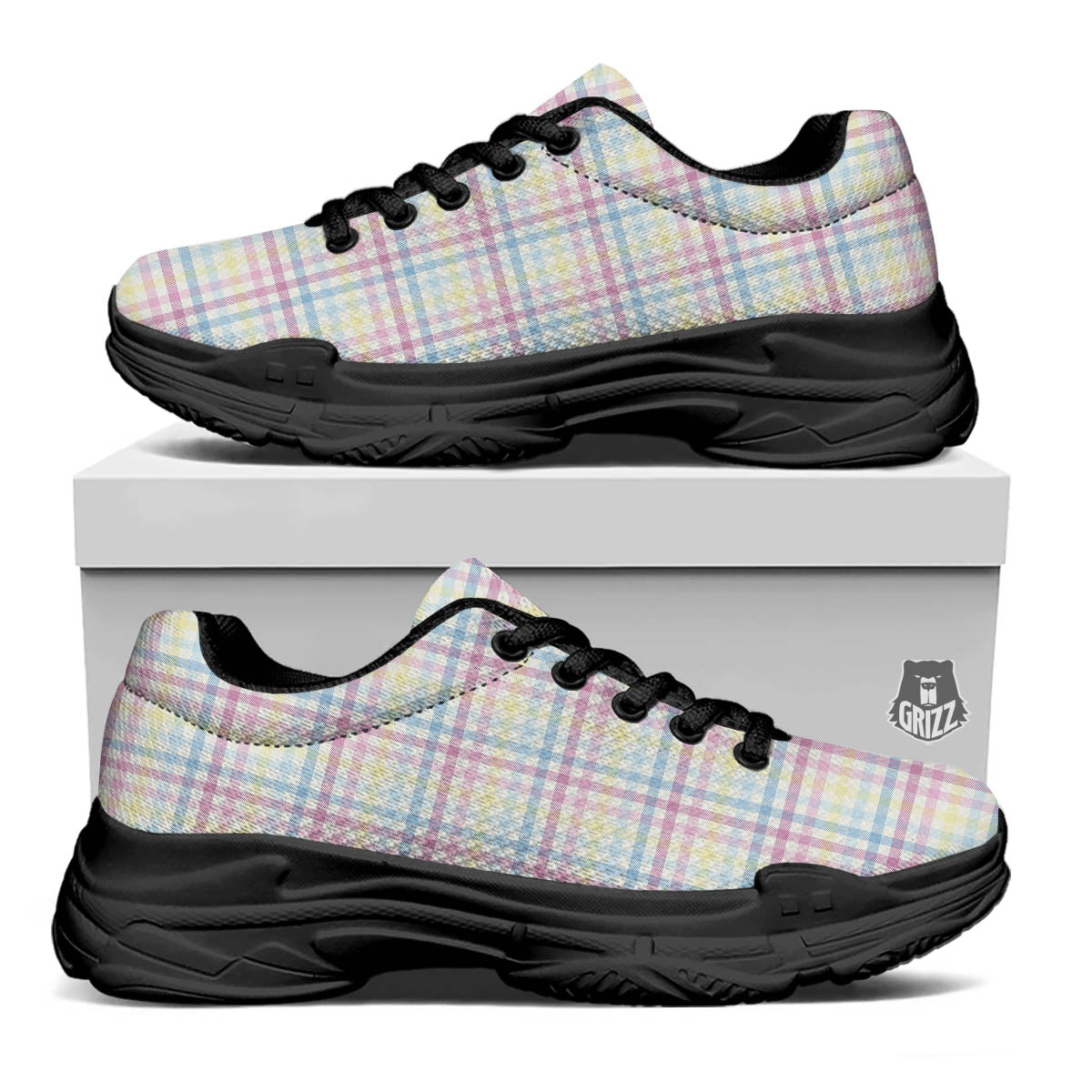 Pastel Plaid Cotton Candy Print Pattern Black Chunky Shoes-grizzshop