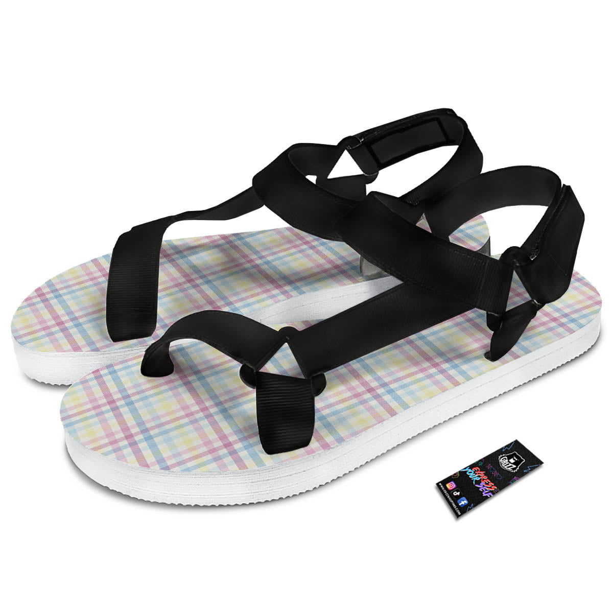 Pastel Plaid Cotton Candy Print Pattern Black Open Toe Sandals-grizzshop