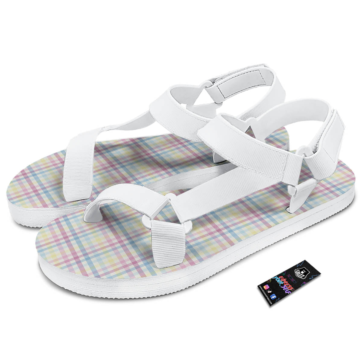 Pastel Plaid Cotton Candy Print Pattern White Open Toe Sandals-grizzshop