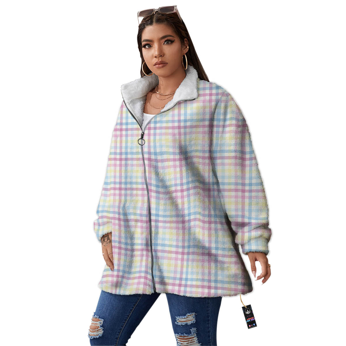 Pastel Plaid Cotton Candy Print Pattern Women's Sherpa Jacket-grizzshop