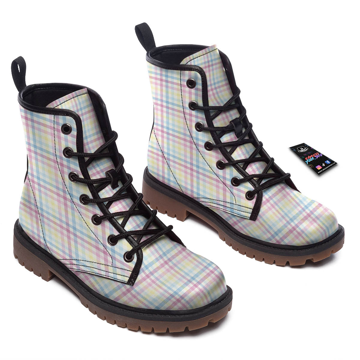 Pastel Plaid Cotton Candy Print Pattern Work Boots-grizzshop