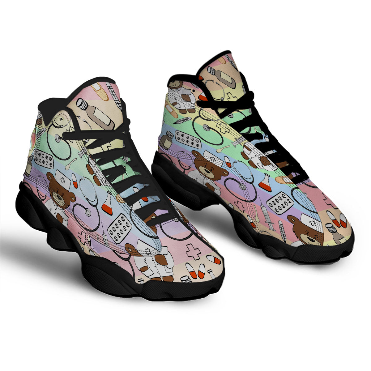 Pastel Teddy Bear Nurse Black Basketball Shoes-grizzshop
