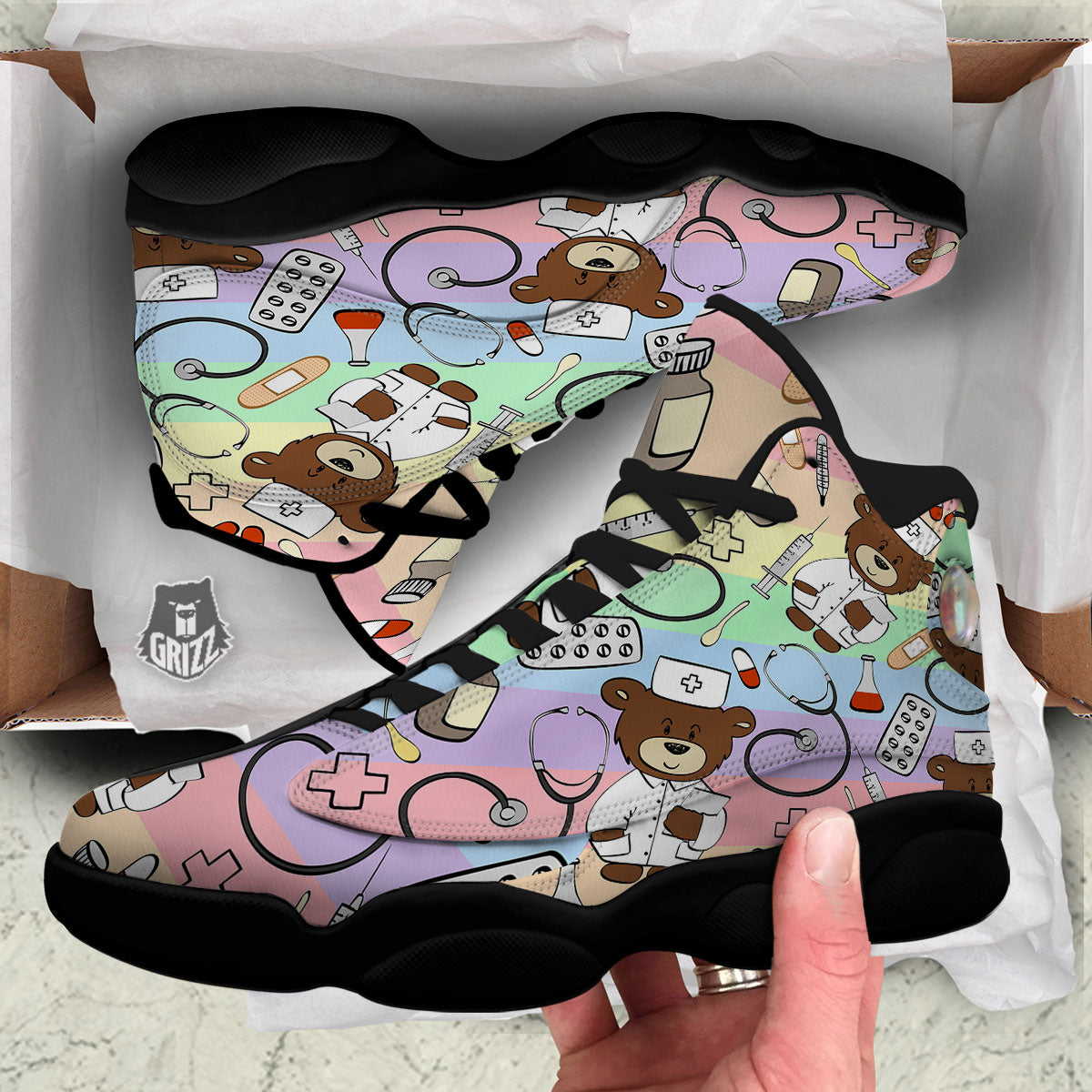 Pastel Teddy Bear Nurse Black Basketball Shoes-grizzshop