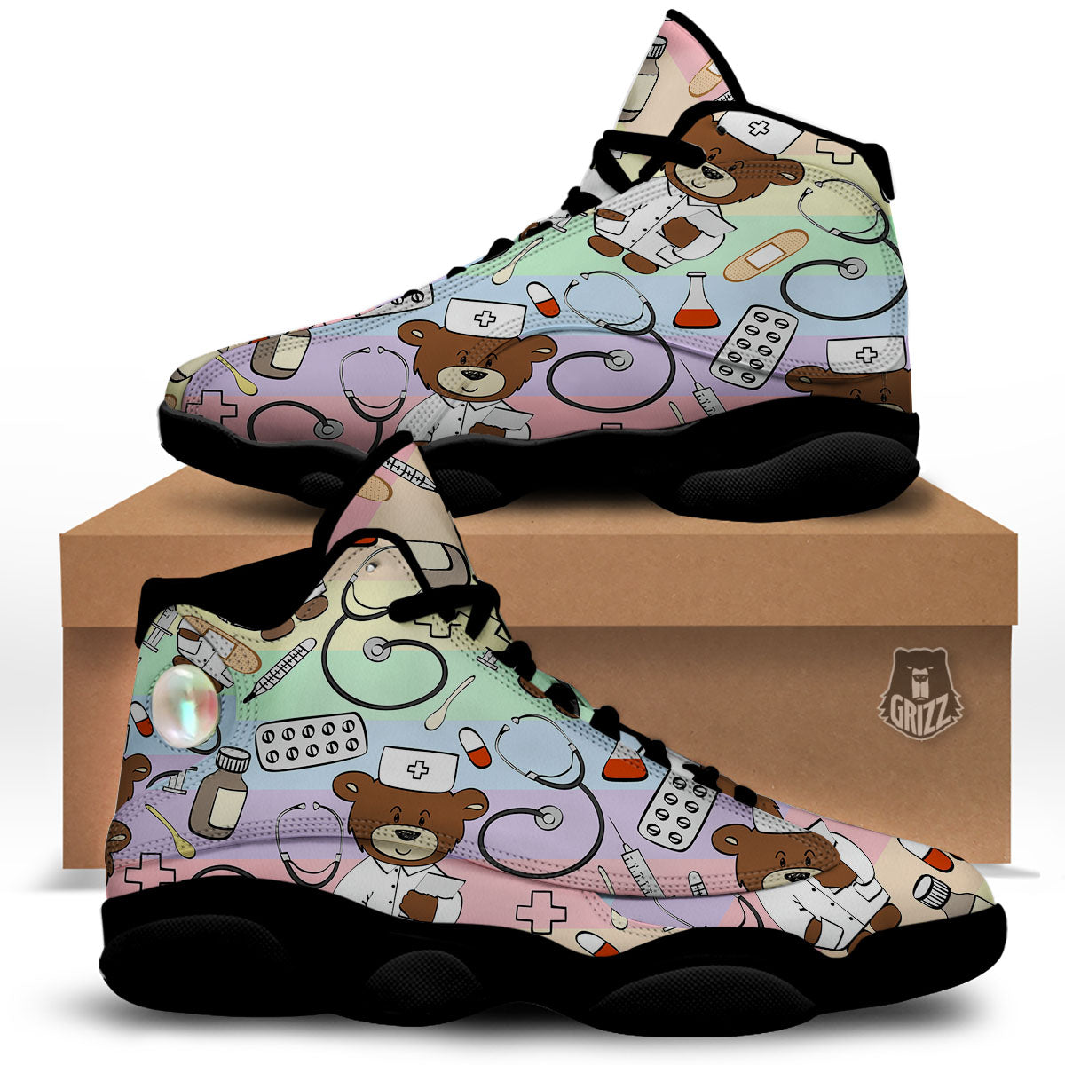 Pastel Teddy Bear Nurse Black Basketball Shoes-grizzshop