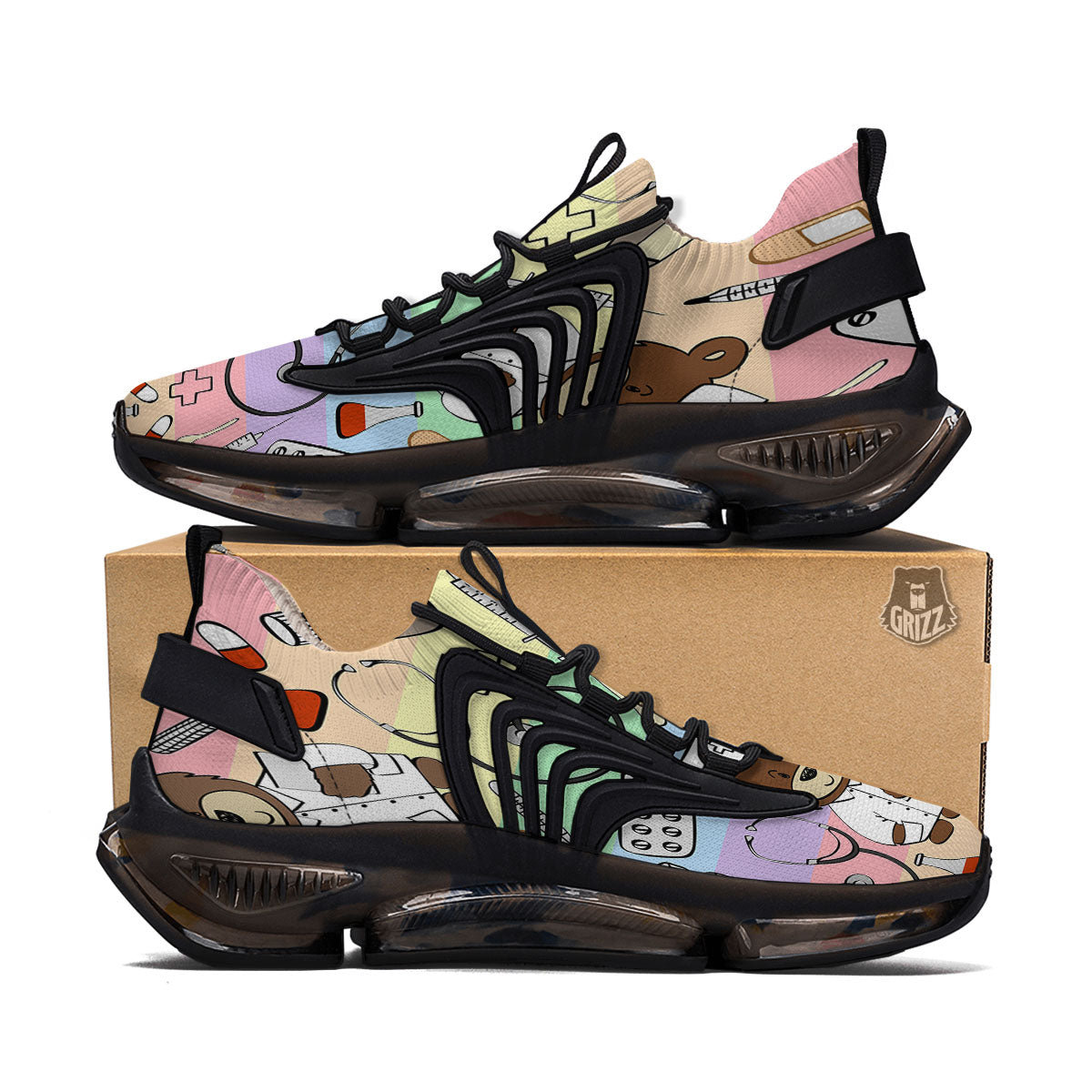 Pastel Teddy Bear Nurse Black Gym Shoes-grizzshop