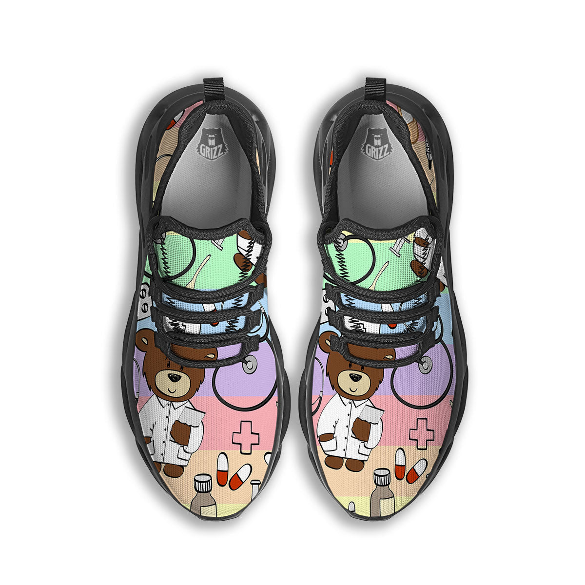 Pastel Teddy Bear Nurse Black Running Shoes-grizzshop
