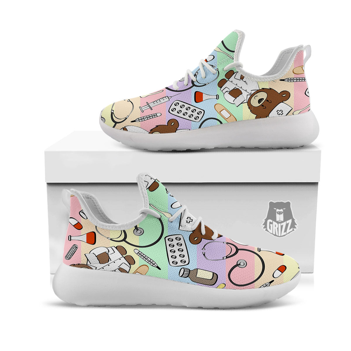 Pastel Teddy Bear Nurse White Athletic Shoes-grizzshop