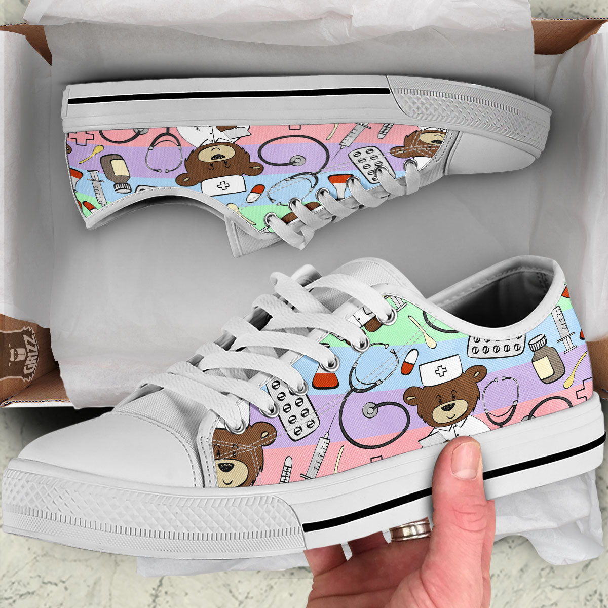 Pastel Teddy Bear Nurse White Low Top Shoes-grizzshop