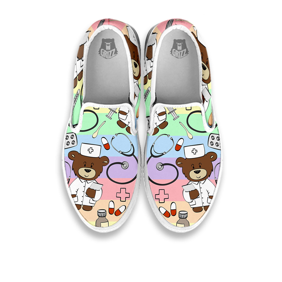 Pastel Teddy Bear Nurse White Slip On Shoes-grizzshop