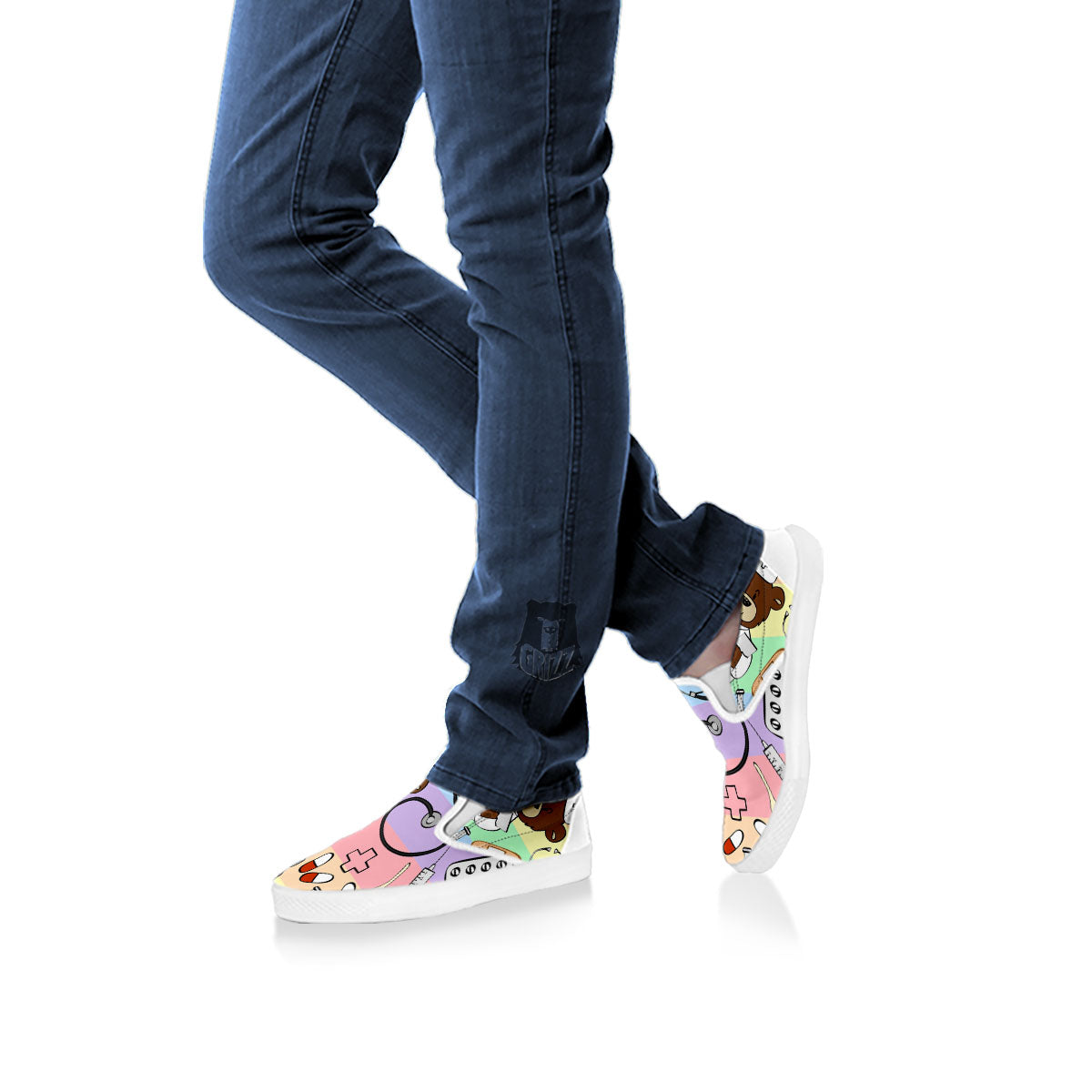 Pastel Teddy Bear Nurse White Slip On Shoes-grizzshop