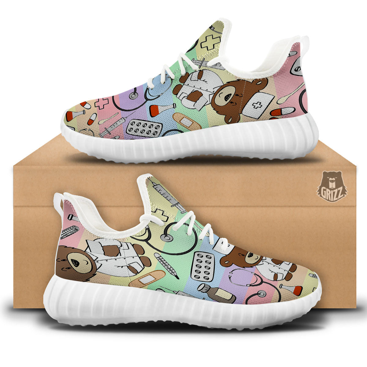 Pastel Teddy Bear Nurse White Walking Shoes-grizzshop