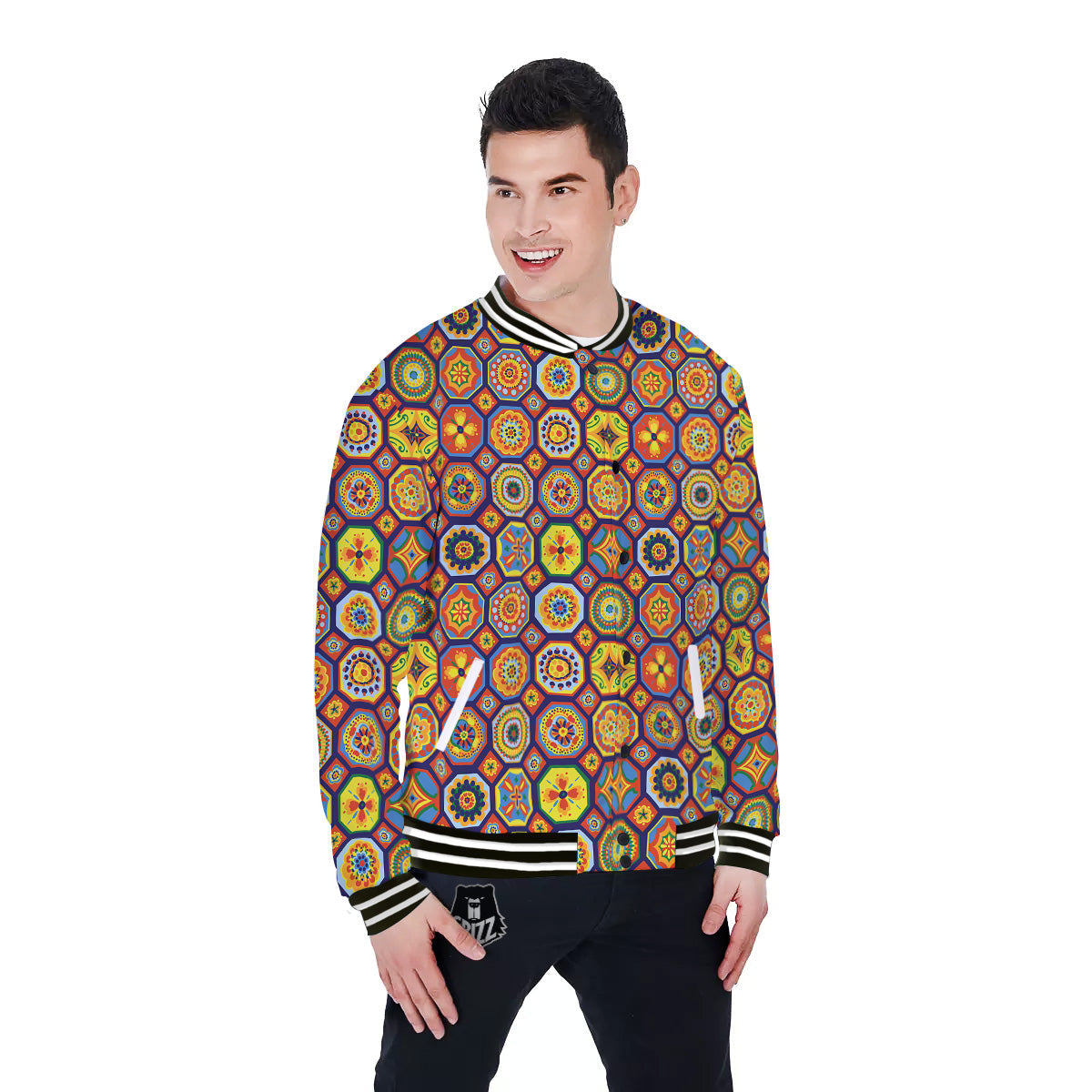 Patchwork Abstract Floral Colorful Print Pattern Baseball Jacket-grizzshop