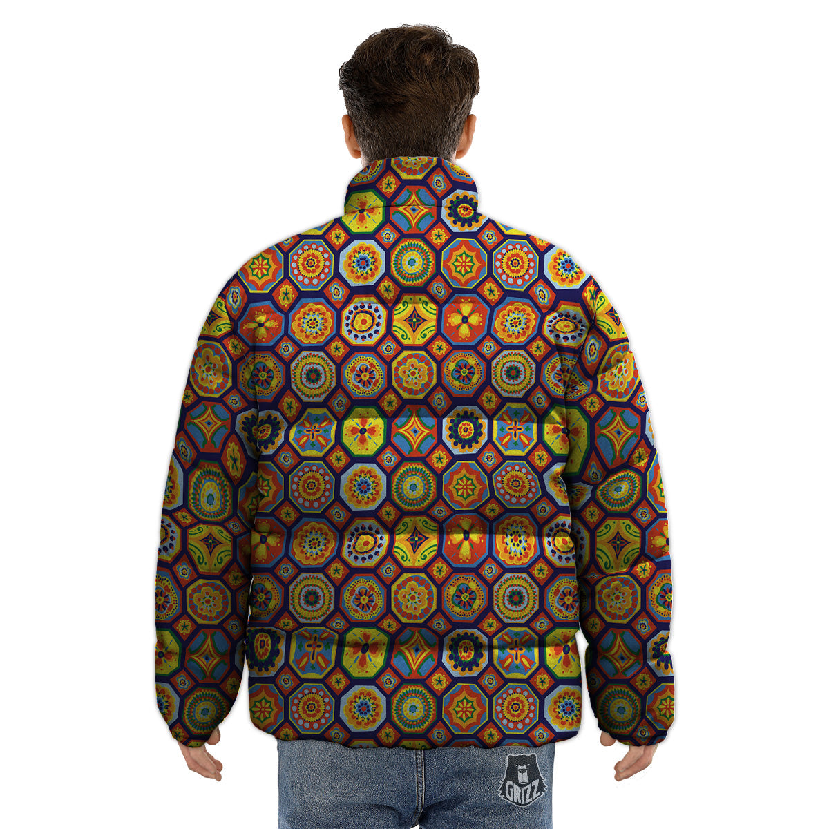 Patchwork Abstract Floral Colorful Print Pattern Puffer Jacket-grizzshop