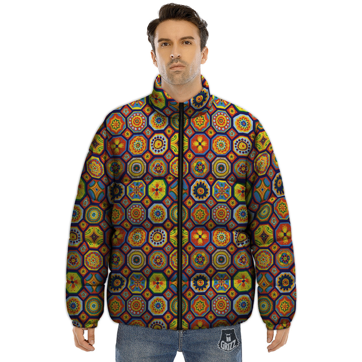 Patchwork Abstract Floral Colorful Print Pattern Puffer Jacket-grizzshop