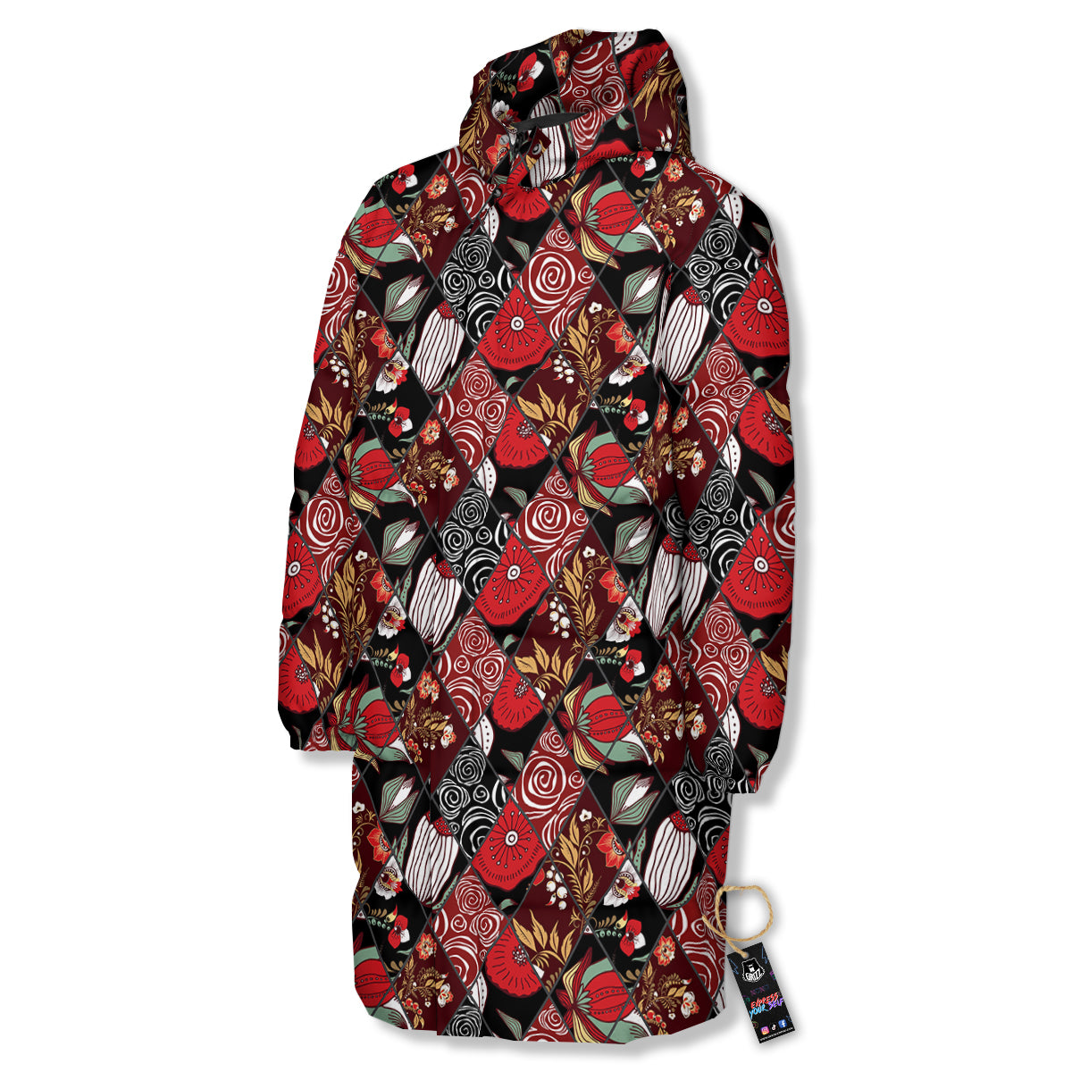 Patchwork Abstract Flower Print Pattern Long Down Jacket-grizzshop