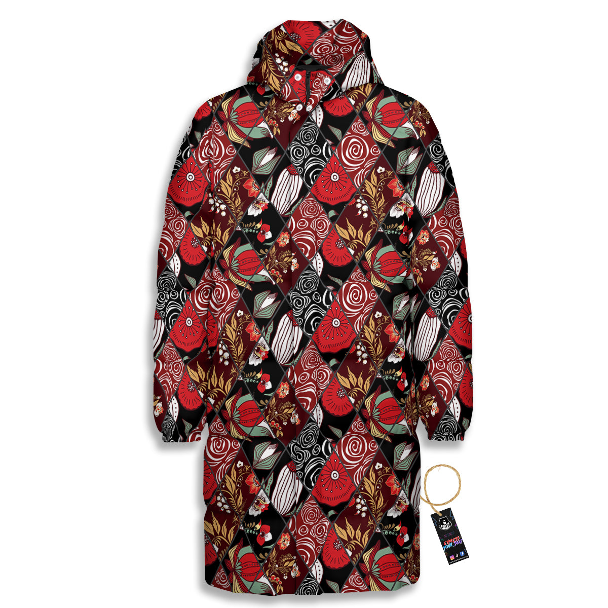 Patchwork Abstract Flower Print Pattern Long Down Jacket-grizzshop