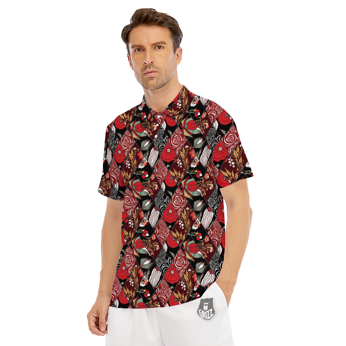 Patchwork Abstract Flower Print Pattern Men's Golf Shirts-grizzshop